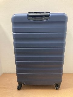 JOHN LEWIS & PARTNERS LARGE HARD SHELL STYLE WHEELED SUITCASE IN METALLIC BLUE: LOCATION - BR7