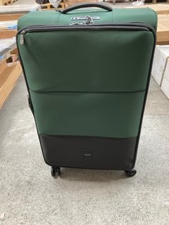 JOHN LEWIS & PARTNERS LARGE SOFT SHELL STYLE WHEELED SUITCASE IN DARK FOREST GREEN FABRIC: LOCATION - BR11