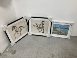 3 X ASSORTED JOHN LEWIS & PARTNERS WALL DECOR ITEMS TO INCLUDE CAMEL ESTUARY SMALL MOUNTED WALL ART IN WHITE WOOD FRAME: LOCATION - BR14