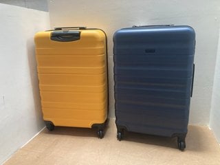 2 X JOHN LEWIS & PARTNERS MEDIUM HARD SHELL STYLE WHEELED SUITCASES IN METALLIC BLUE AND SAFFRON YELLOW: LOCATION - AR19