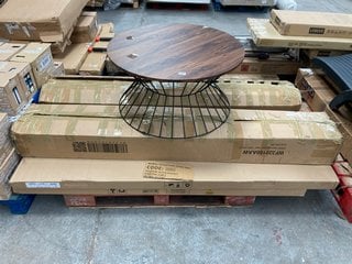 PALLET OF ASSORTED FURNITURE ITEMS TO INCLUDE ROUND COFFEE TABLE IN DARK WOOD EFFECT AND IRON BASE FINISH: LOCATION - B7 (KERBSIDE PALLET DELIVERY)