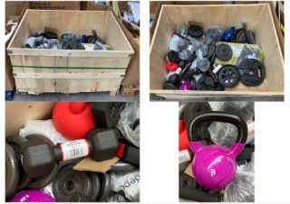 PALLET OF ASSORTED HOME GYM WEIGHTS TO INCLUDE ASSORTED FREE WEIGHTS AND KETTLEBELL WEIGHTS: LOCATION - A5 (KERBSIDE PALLET DELIVERY)