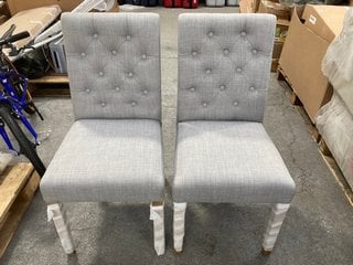 PAIR OF BOLERO BUTTON BACK STYLE DINING CHAIRS IN FRENCH GREY FABRIC AND OAK FINISH: LOCATION - B3