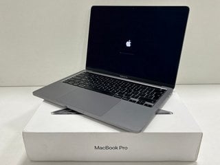 APPLE MACBOOK PRO (13-INCH, 2020) LAPTOP IN SPACE GREY: MODEL NO A2251 (WITH BOX, MOTHERBOARD REMOVED, SPARES & REPAIRS (IMAGE TO SHOW SCREEN TURNED ON PRIOR TO MOTHERBOARD BEING REMOVED FROM LAPTOP