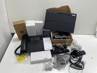 BOX OF ASSORTED ITEMS TO INCLUDE SAMSUNG GALAXY TAB S8 ULTRA CASE, CHARGER CABLE, IP PHONES AND OTHERS. MIXED TECH ITEMS [JPTM124318]