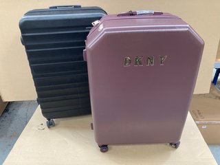 DKNY AND BASICS LARGE HARDSHELL TRAVEL SUITCASES IN BLACK AND DARK PURPLE: LOCATION - D5