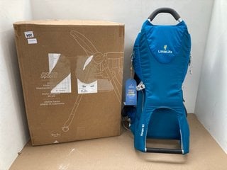 LITTLE LIFE RANGER CHILD CARRIER IN BLUE TO INCLUDE MAMAS AND PAPAS SNAX FREE STANDING AND FOLDING HIGH CHAIR: LOCATION - D9