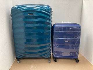 2 X ASSORTED LARGE AND SMALL HARDSHELL TRAVEL SUITCASES IN TEAL AND NAVY: LOCATION - D10