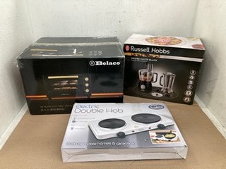 3 X ASSORTED KITCHEN APPLIANCES TO INCLUDE QUEST ELECTRIC DOUBLE HOB AND RUSSELL HOBBS DESIRE FOOD PROCESSOR IN MATTE BLACK: LOCATION - D11