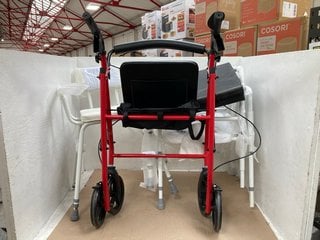 2 X ASSORTED AID SEATS WITH METAL FRAME LEGS IN WHITE TO INCLUDE FOLDABLE WALKING FRAME WITH BUILT IN SEAT IN BLACK AND RED: LOCATION - D12