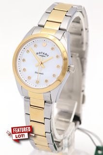 ROTARY DIAMONDS WOMENS PEARL FACE GOLD AND STAINLESS STEEL WATCH WITH ORIGINAL DIAMOND CERTIFICATE , PACKAGING , TAGS AND MANUAL RRP - £249: LOCATION - WHITE BOOTH