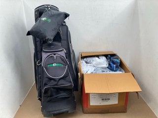 2 X BOXES OF FOOT/RUGBY BALLS TO INCLUDE HILL BILLY LARGE GOLF CLUB CADDY IN BLACK: LOCATION - C15