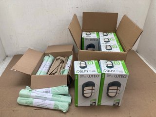 BOX OF COMPOSTABLE BIN BAGS IN GREEN TO INCLUDE BOX OF LUTEO BULLO OUTDOOR LIGHTS: LOCATION - D0