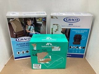 3 X ASSORTED CHILDRENS CAR SEATS TO INCLUDE GRACO JUNIOR MAXI I - SIZE R129 HIGH BACK BOOSTER CAR SEAT: LOCATION - C8