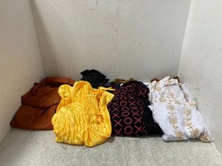 QTY OF ASSORTED CLOTHING TO INCLUDE YELLOW BOW TIE SHORT SLEEVED FRILLED BLOUSE IN BRIGHT YELLOW SIZE: XXL: LOCATION - B6