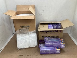 BOX OF FEELERS MOB CAPS T - BANDS TO INCLUDE BOX OF TRANSFORM 100 POWDER FREE EXAMINATION GLOVES: LOCATION - D1