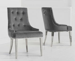 SIENNA GREY VELVET DINING CHAIRS - PAIRS - RRP £490: LOCATION - C6