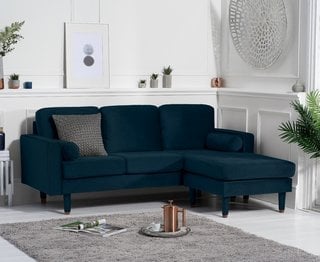 BAILEY 3 SEATER REVERSIBLE CHAISE SOFA BLUE VELVET - RRP £749: LOCATION - C6