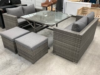 JOHN LEWIS & PARTNERS ALORA CUBE 6 SEATER GARDEN DINING TABLE, SOFAS & STOOL SET IN BROWN/GREY RRP - £1099: LOCATION - C5