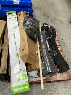 PALLET OF ASSORTED ITEMS TO INCLUDE GREENWORKS 40V POLE HEDGE TRIMMER: LOCATION - B4