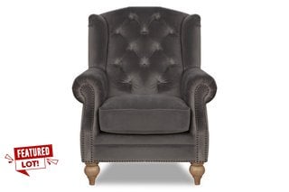 BUCKINGHAM WING BACK CHAIR IN PEWTER WITH OAK FEET & PEWTER STUDS - RRP £899: LOCATION - D1