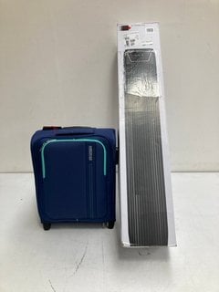 AMERICAN TOURISTER CABIN SIZE SUITCASE IN BLUE TO INCLUDE JOHN LEWIS & PARTNERS 36" TOWER FAN: LOCATION - BR2