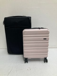 JOHN LEWIS & PARTNERS LARGE SUITCASE IN BLACK TO INCLUDE ANTLER CABIN SIZE HARD SHELL SUITCASE IN LIGHT PINK: LOCATION - BR2