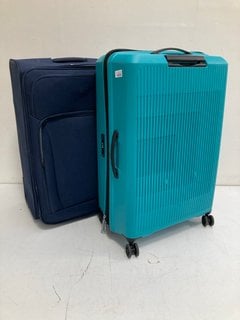 AMERICAN TOURISTER LARGE HARD SHELL SUITCASE IN GREEN TO INCLUDE JOHN LEWIS & PARTNERS LARGE SUITCASE IN BLUE: LOCATION - BR2