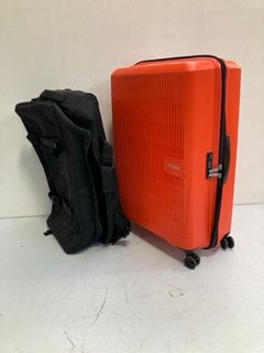 AMERICAN TOURISTER LARGE HARD SHELL SUITCASE IN ORANGE TO INCLUDE JOHN LEWIS & PARTNERS MEDIUM 2 WHEELED SUITCASE: LOCATION - BR4