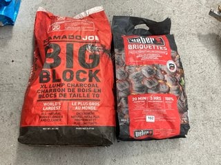 2 X ASSORTED BAGS OF CHARCOAL TO INCLUDE WEBER BRIQUETTES: LOCATION - BR17