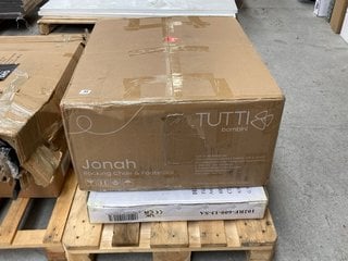 PALLET OF ASSORTED ITEMS TO INCLUDE JONAH ROCKING CHAIR & FOOTSTOOL: LOCATION - B3 (KERBSIDE PALLET DELIVERY)