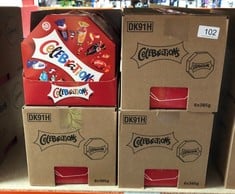 QUANTITY OF FOOD & DRINK ITEMS TO INCLUDE CELEBRATIONS MILK CHOCOLATE GIFT BOX OF MINI CHOCOLATES & BISCUIT BARS CENTERPIECE (MALTESERS, GALAXY, SNICKERS & MORE) 385G: LOCATION - RACK A