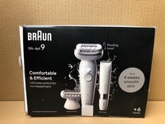 BRAUN SILK-ÉPIL 9, EPILATOR WITH PIVOTING HEAD FOR EASY HAIR REMOVAL, WET & DRY, LASTING SMOOTH SKIN, WITH LADY SHAVER HEAD & TRIMMER COMB, 9-441, WHITE/SILVER.: LOCATION - RACK B