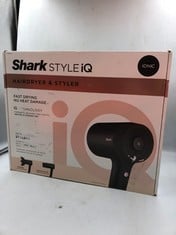 SHARK STYLE IQ HAIR DRYER & STYLER 2-IN-1 WITH CONCENTRATOR & CURL-DEFINING DIFFUSER, IONIC, FAST DRYING, NO HEAT DAMAGE, COOL SHOT, AUTO HEAT & AIRFLOW SETTINGS, BLACK/ROSE GOLD HD110UK RRP £140: LO