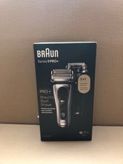 BRAUN SERIES 9 PRO ELECTRIC SHAVER WITH 3+1 HEAD, PROLIFT TRIMMER, CHARGING STAND & TRAVEL CASE, SONIC TECHNOLOGY, UK 2 PIN PLUG, 9417S, SILVER RAZOR.: LOCATION - RACK E