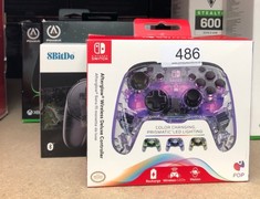 QUANTITY OF TECH & GAMING ITEMS TO INCLUDE AFTERGLOW LED WIRELESS DELUXE GAMING CONTROLLER - LICENSED BY NINTENDO FOR SWITCH AND OLED - RGB HUE COLOR LIGHTS - SEE THROUGH GAMEPAD CONTROLLER - PADDLE