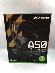 ASTRO GAMING A50 WIRELESS GAMING HEADSET + CHARGING BASE STATION, GAME/VOICE BALANCE CONTROL, 2.4 GHZ WIRELESS, 15 M RANGE, FOR XBOX SERIES X|S, XBOX ONE, PC, MAC - BLACK/GOLD. RRP £165: LOCATION - T