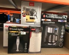 QUANTITY OF KITCHEN & APPLIANCES ITEMS TO INCLUDE RUSSELL HOBBS FOOD COLLECTION ELECTRIC HAND BLENDER, 2 SPEEDS AND PULSE TECHNOLOGY, DETACHABLE BLENDING LEG FOR EASY CLEANING, STAINLESS STEEL BLADES