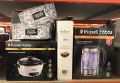 QUANTITY OF KITCHEN & APPLIANCES ITEMS TO INCLUDE RUSSELL HOBBS ILLUMINATING 1.7L ELECTRIC CORDLESS GLASS KETTLE WITH BLACK/BRUSHED STAINLESS STEEL ACCENTS (FAST BOIL 3KW, WASHABLE ANTI-SCALE FILTER,