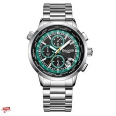 GAMAGES OF LONDON LIMITED EDITION HAND ASSEMBLED LAMBENT MECHANICAL QUARTZ STEEL GREEN WATCH SKU:GA1972 RRP £825: LOCATION - TOP 50 RACK