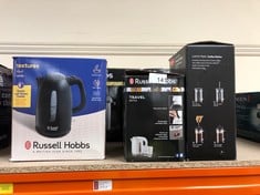 QUANTITY OF KITCHEN & APPLIANCES ITEMS TO INCLUDE RUSSELL HOBBS TEXTURES ELECTRIC 1.7L CORDLESS KETTLE (FAST BOIL 3KW, BLACK PREMIUM PLASTIC, MATT & HIGH GLOSS FINISH, REMOVABLE WASHABLE ANTI-SCALE F