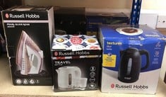 QUANTITY OF KITCHEN & APPLIANCES ITEMS TO INCLUDE RUSSELL HOBBS ELECTRIC 0.85L TRAVEL KETTLE, SMALL & COMPACT, DUAL VOLTAGE, IDEAL FOR ABROAD/CARAVAN/CAMPING, INC 2 CUPS & SPOONS, REMOVABLE WASHABLE