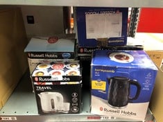 QUANTITY OF KITCHEN & APPLIANCES ITEMS TO INCLUDE RUSSELL HOBBS ELECTRIC 0.85L TRAVEL KETTLE, SMALL & COMPACT, DUAL VOLTAGE, IDEAL FOR ABROAD/CARAVAN/CAMPING, INC 2 CUPS & SPOONS, REMOVABLE WASHABLE