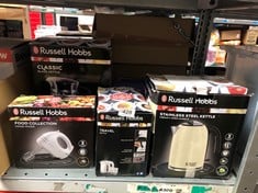 QUANTITY OF KITCHEN & APPLIANCES ITEMS TO INCLUDE RUSSELL HOBBS FOOD COLLECTION ELECTRIC HAND MIXER WITH 6 SPEEDS, EASY RELEASE BUTTON, FINGERTIP SPEED CONTROL, CHROME BEATERS, WRAP AROUND CORD STORA