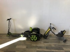 QUANTITY OF SCOOTERS TO INCLUDE RAZOR ELECTRIC SCOOTER WITH FRONT AND REAR BRAKES BLACK/GREEN - COLLECTION ONLY - LOCATION RIGHT RACK