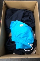 QUANTITY OF CLOTHING & APPAREL ITEMS TO INCLUDE MEN'S 7" QUICK-DRY SWIMMING TRUNKS, AQUA BLUE, L: LOCATION - BACK RACK