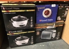 QUANTITY OF KITCHEN & APPLIANCES ITEMS TO INCLUDE RUSSELL HOBBS HONEYCOMB ELECTRIC 1.7L CORDLESS KETTLE (FAST BOIL 3KW, BLACK PREMIUM PLASTIC, MATT & HIGH GLOSS FINISH, REMOVABLE WASHABLE ANTI-SCALE