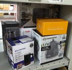 QUANTITY OF KITCHEN & APPLIANCES ITEMS TO INCLUDE DAEWOO SDA1820 ARGYLE 1.7L PLASTIC KETTLE REMOVABLE & WASHABLE LIMESCALE FILTER, LID OPENING AUTO/MANUAL SWITCH OFF OPTIONS 3KW CONCEALED HEATING ELE