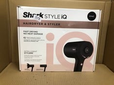 1 X SHARK STYLE IQ HAIR DRYER & STYLER 2-IN-1 WITH CONCENTRATOR & CURL-DEFINING DIFFUSER, IONIC, FAST DRYING, NO HEAT DAMAGE, COOL SHOT, AUTO HEAT & AIRFLOW SETTINGS, BLACK/ROSE GOLD HD110UK.: LOCATI