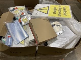 PALLET OF ITEMS TO INCLUDE REPAIR PATCHES, SIGNS, SCHOOL BOOKS